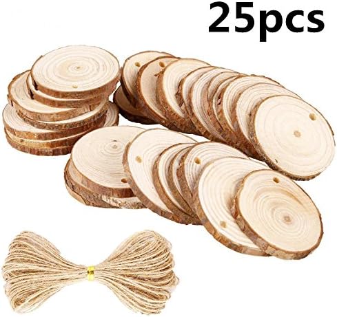 Natural Wood Slices Unfinished Predrilled Round Wooden Pieces with Holes Bark for Craft Centerpieces Christmas Decorations Ornaments (2.4"-2.8" 25pcs)