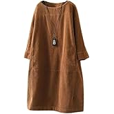 chouyatou Women's Fall Corduroy Tunic Dress Long Sleeve Loose Fit Pullover Midi Dresses with Pockets