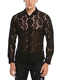 Coofandy Men's See Through Sexy Lace Mesh Long Sleeve Slim Fit Shirt Black Small