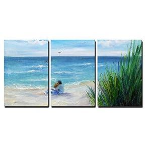 3 Piece Canvas Wall Art - Original Oil Painting Showing Couple in Love Sitting on The Beach - Modern Home Art Stretched and Framed Ready to Hang - 16"x24"x3 Panels