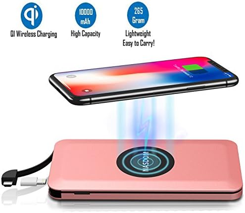 QI Wireless Charger Power Bank,2 in 1 Fast Charging High Capacity 10000mAh External Battery Pack with Micro Cable and Lightning Adapter for iPhone X,iPhone 8,Samsung Galaxy S8/Note 8,Rose Gold