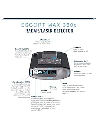 ESCORT MAX360C: WiFi habilitado, Detector de radar láser, Protección 360 °, Larga distancia extrema, Bluetooth, Alertas de voz, Pantalla OLED, Escort Live! Menos alertas falsas, tiempo de respuesta más rápido