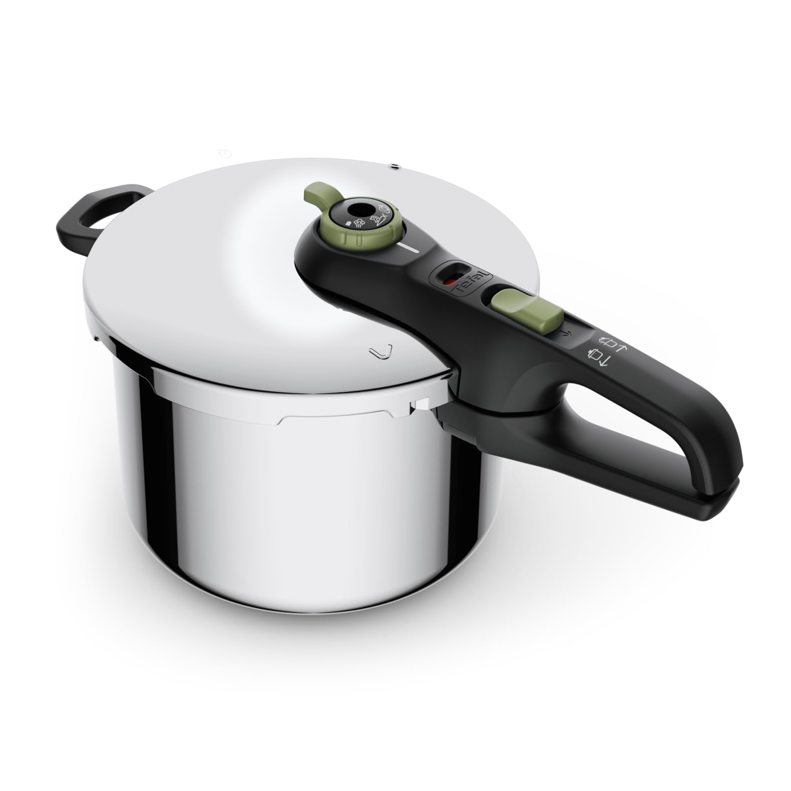 Tefal P2584402 Secure Trendy Schnellkochtopf 8 L mit Korb | 2-Stufen-Garregler: Intensivstufe 117°C, Schonstufe 112°C | Induktions-Kapselboden | für alle Herdarten | Edelstahl/Schwarz/Grün