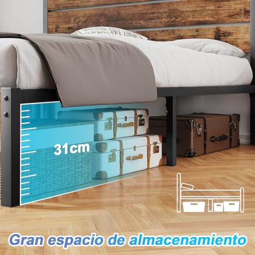 Marco de Cama Individual con Cabecera y Pie de Cama, Base de Cama con Cabecera Individual Espacio de Almacenamiento Debajo de Cama, Base Cama con Sistema de Soporte Totalmente de Metal, Fácil Montaje