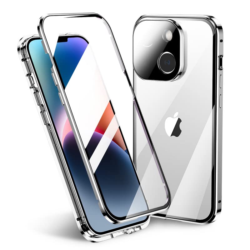 iPhone 14 Clear Case, Compatible with MagSafe,with Screen Protector and Camera Cover,Full Body Protection Double Sided Tempered Glass Case (Silver)