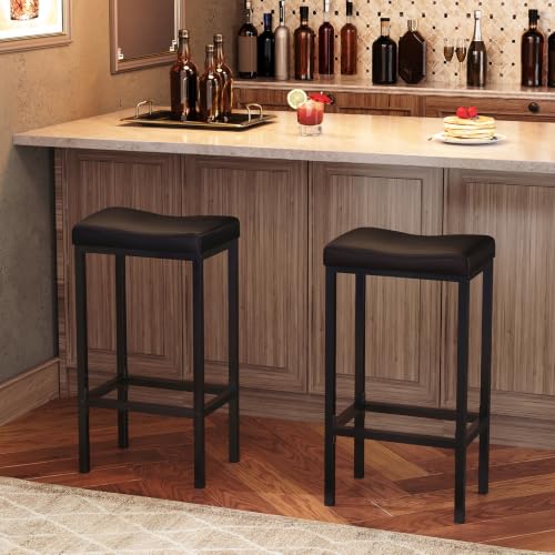HOOBRO Bar Stools, Set of 2 Bar Chairs, Counter Height Stools, Saddle Barstools with Curved Surface, 24.8 Inches, 2.4" Thick Upholstery, for Kitchen, Dining Room, Cafe Black BB10BY01