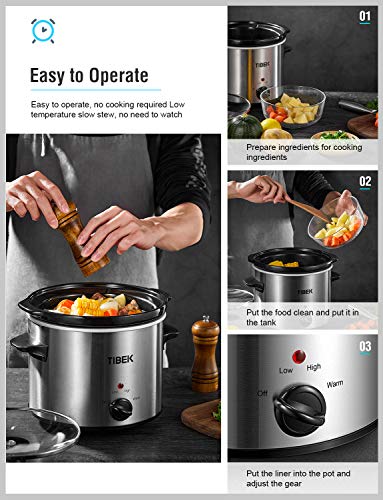Slow Cooker 4 Quart Manual Slow Cooker with 3 Adjustable Temp Settings, Dishwasher-safe Stoneware Pot and Tempered Glass Lid, Suitable for 1-4 People, Stainless Steel, TIBEK