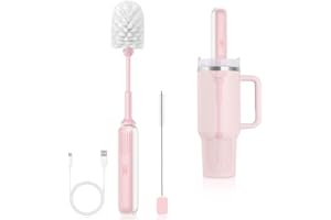 TOLYS Electric Water Bottle Brush, 14.7-Inch Bottle Brush for Tumblers, Mugs, Glasses, Jars & Stanley Cups – Rechargeable, 2 Speeds, Includes Straw Cleaner, Easy Cleaning, Rose Quartz
