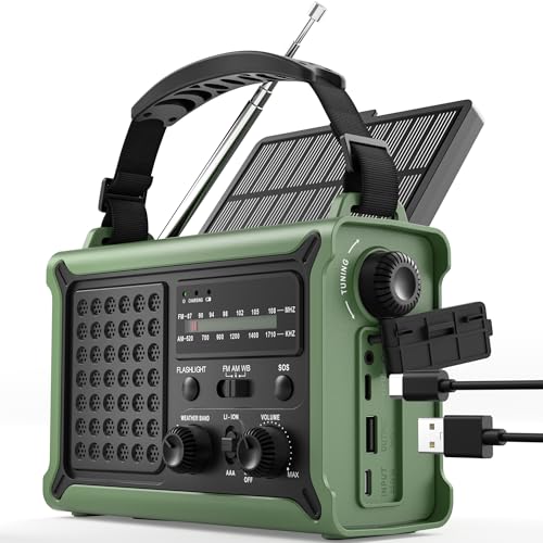 ROCAM Crank Radio, 12000 mAh Emergency Radio with 8500 mm² Solar Panel & 650 mA Crank, Portable Solar World Receiver Radio with AM/FM Reception, LED Torch & Reading Light, USB, SOS for Camping, Emergencies & Blackout