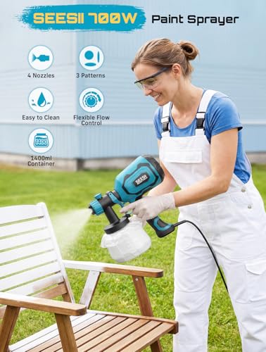 SEESII Paint Sprayer,700W HVLP Paint Gun with 5 Paint Bags, 4 Nozzles and 3 Patterns, Easy Clean & Adjustable Flow, Paint Sprayer for House Painting