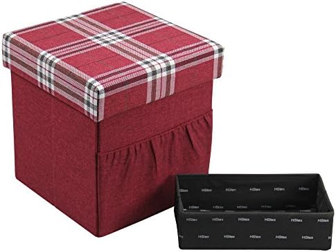 HStex Folding Storage Ottoman Cube with Wooden Tray,Linen Fabric,Red,15"×15"×15"