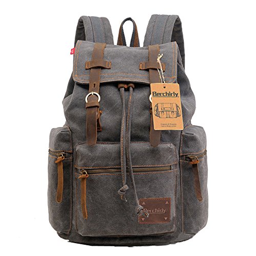 Berchirly Vintage Men Casual Canvas Leather Backpack Rucksack Travel Bookbag Satchel for School Outdoor Hiking/Climbing Backpack for Men Women