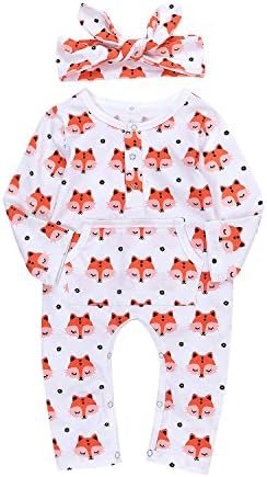 AILOM Newborn Baby Boys' Girls' Cute Fox Romper Jumpsuit Pajamas With Kangaroo Pocket +Headband (White, Tag80(6-12M))
