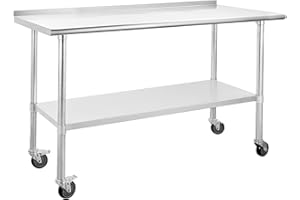 Chingoo Stainless Steel Table with Wheels 24 x 60 Inches Metal Prep Table with Backsplash & Adjustable Undershelf, Stainless Table for Commercial Kitchen, Outdoor, Restaurant, Hotel & Garage