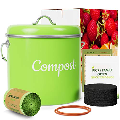 Lucky Family Green Countertop Compost Bin with Lid Stainless Steel