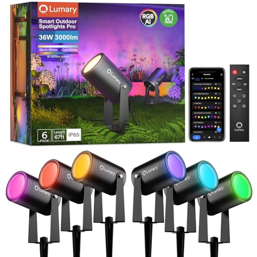 Lumary Smart Landscape Lights Pro 500LM, 6 Pack Color Changing Landscape Spotlights IP65 Waterproof, RGBAICW Low Voltage Outdoor Lights for Garden Yard and Pathway, APP/Remote/Voice Control, 65FT