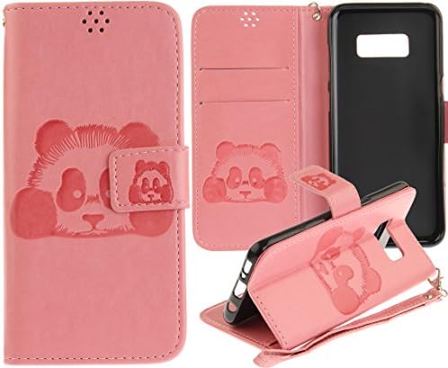 JUZI Samsung Galaxy S8, [Wrist Strap][Kickstand] Caving Panda Premium PU Wallet Leather DustProof Case Flip Cover with Multiple Credit Card Holder Slots &amp; Magnetic Snap Closure for Galaxy S8 Pink