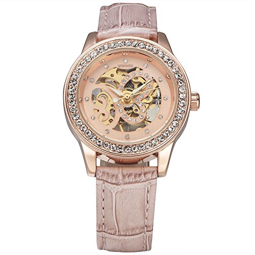 WINNER Women's Fashion Mechanical Classic Diamond Carving Butterfly Skeleton Dial Leather Band Ladies Wrist Watches