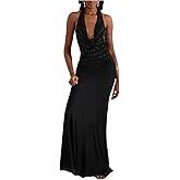 MakeMeChic Women's Sequin Cowl Neck Backless Halter Top