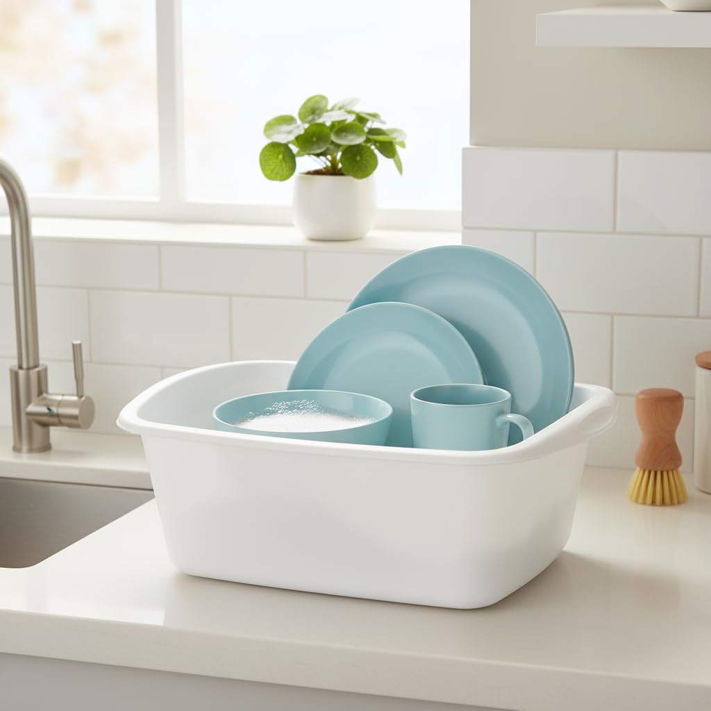 Tribello Plastic Wash Tub Dishpan Basin and Foot Bath for Soaking Feet, Laundry Hand Wash Bucket, Dish Pans for Washing and Storage Cleaning Supplies - 12 Quarts - Heavy Duty - Made in USA (White)