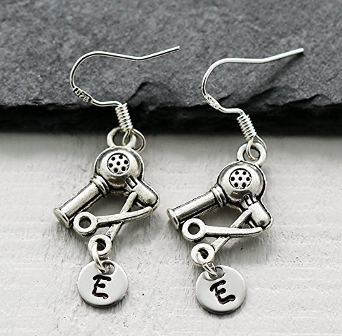 Earrings for Hair Stylist - Blow Dryer Earrings - Personalized Hairdresser Gifts for Women - 925 Sterling Silver - Custom Initial - Fast Shipping
