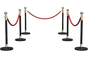 DANRELAX Stainless Steel Stanchion Post, 6 PCS 5FT Red Velvet Rope, Black Stanchion Post with Ball Top, Hollow Base, Red Carpet Ropes and Poles, Crowd Control Barriers for Party