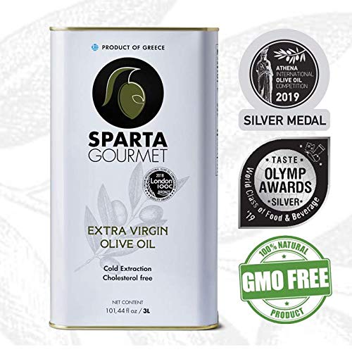 Award Winning Extra Virgin Olive Oil | (3 Lt. Tin,101.44 oz.) | First Cold Pressed | Born in the historic city of Sparta, Greece | Single Origin | NONGMO Verified | Family Owned |