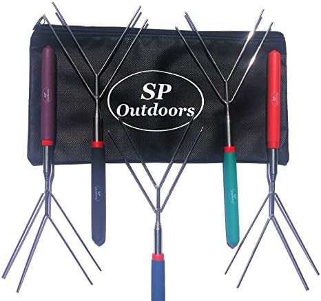 SP Outdoors Perfectly Designed Marshmallow Roasting Stick Set of 5 Extending to 34 inches with Foam Handle, S'mores Skewers, Hot Dog Fork, Patio Fire Pit, Camping Cookware