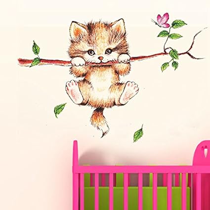 Decals Design Little Catty on Branch Wall Sticker (PVC Vinyl, 60 cm x 45 cm, Multicolour)