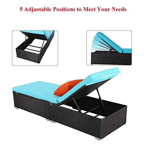 Do4U 3 Pieces Outdoor Patio Chaise Lounge Sets Adjustable Backrest Rattan Wicker Furniture Pool Porch Lounge Chair Set with Coffee Table (Turquoise Cushion) - Thumbnail 3