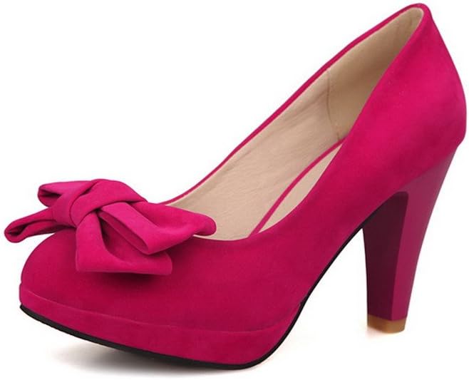 AmoonyFashion Girls Closed Round Toe High Heel Chunky Heels Platform PU Frosted Solid Pumps with Bowknot, Red, 36