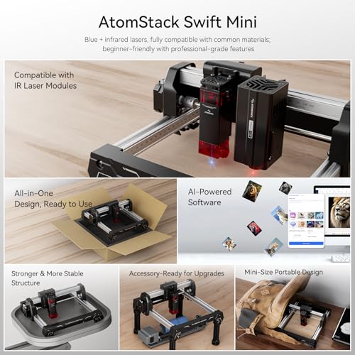 AtomStack Swift Mini 3W Grabador Láser para Principiantes, Máquina de Grabado y Corte Láser de Diodo, Área 135×145 mm, Plug & Play, Software Gratis con IA, WiFi/USB, Compatible con LightBurn