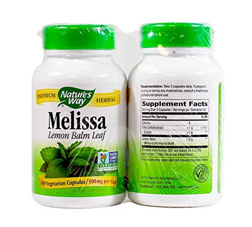 Nature's Way Premium Herbal Melissa Lemon Balm Leaf, 500 mg per Capsule, 100 Vegetarian Capsules, Pack of 2