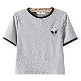 Blogger Striped ET Teen Girls Alien Crop Top Slim Tees Short Sleeve T-shirt