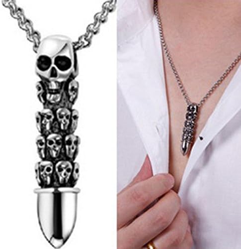 Cool Men Stainless Steel Skull Bullet Rock Biker Pendant Choker Necklace Jewelry