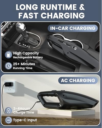 SERVOMASTER Aspirapolvere Auto, Aspirabriciole Senza Fili Potente con Filtro HEPA Lavabile e Bocchetta per Fessure e Spazzola, Mini Aspirapolvere per Auto e Casa Senza Fili a Batteria Ricaricabile