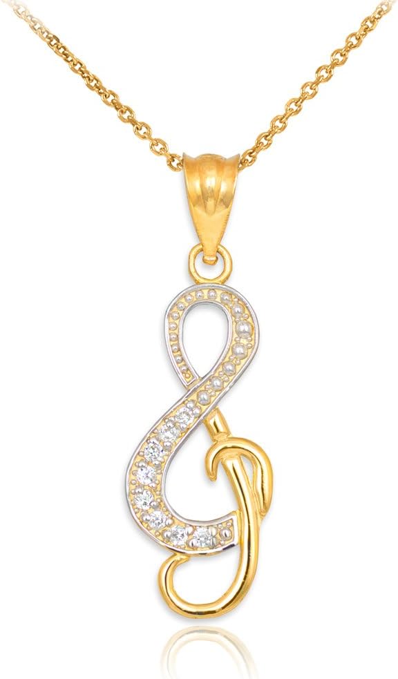 14k Yellow Gold Diamond Treble Clef Charm Music Note Pendant Necklace