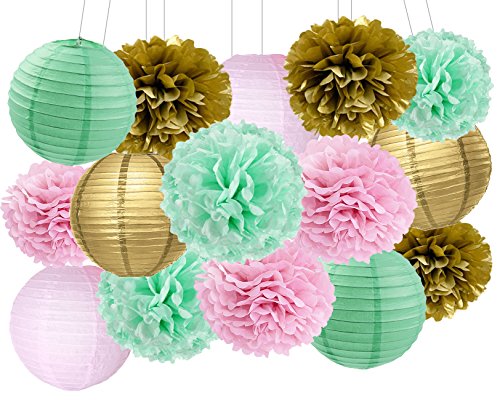 Baby Shower Decorations Furuix 12pcs Mint Pink Gold Party Decoration Tissue Paper Pom Poms for Birthday Party Decoratios Bridal Shower Decorations