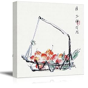 Square Watercolor Style Chinese Painting of a Basket of Cherries