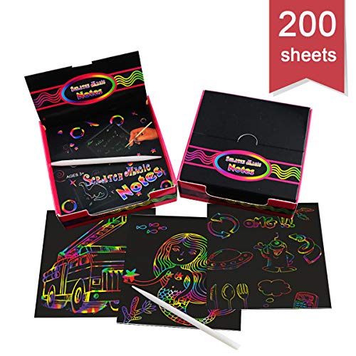 DLOnline 200 Sheets Rainbow Scratching Notes,Rainbow Scratch Off Mini Notes,Rainbow Scratch Paper for Kids Arts and Crafts,Includes 4 Plastic Styluses and 2 Color Pages,Creative Fun for Kids