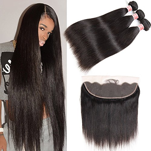 pizazz 8A Brazilian Straight Hair Lace Frontal Closure with Bundles natural black straight human hair weave 3 bundles with closure (20 22 24+18)