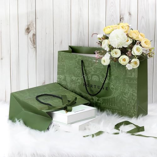 10 Pack Elegant Gift Bags with Ribbon – Large Luxury Gift Bags for Presents, Wedding, Bridesmaid, Christening, Graduation, and Birthday Parties, 36x12x25cm (Green)