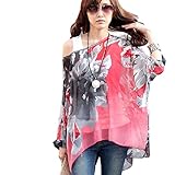 Lowpricenice Womens Batwing Dolman Sleeve Shirt Chiffon Flowers Tops Blouse (L, Hot pink)