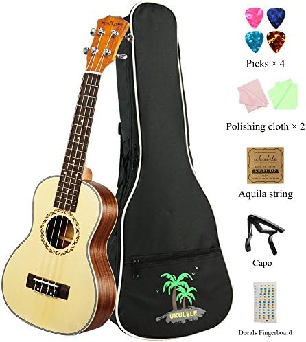MELODIC Spruce Soprano Mahogany Ukulele 21 inch Ukulele Set With Gig Bag , Capo, Polishing Cloths, Decals Fingerboard, Strings (Spruce)