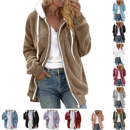 Ladies Fleece Jackets Full Zip Fleece Jacket Women UK Casual Oversized Teddy Coat, Winter Warm Zip up Sherpa Cardigan Sweater with Pockets, Long Sleeve Winter Coats for Women