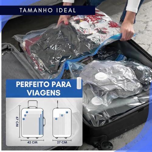 Kit com 10 Sacos a Vácuo para Roupas e Viagem 50x60 cm com Bomba Manual Inclusa, Ideal para Organização de Armário e Mala de Viagem, Compressão de Roupas, Redução de Volume e Economia de Espaço
