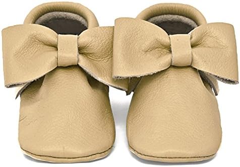 Baby Moccasins, The Coral Pear Bow Moccasin, Genuine Leather Shoes for Babies & Toddlers, Tan, Size 5M (Babies & Toddlers)