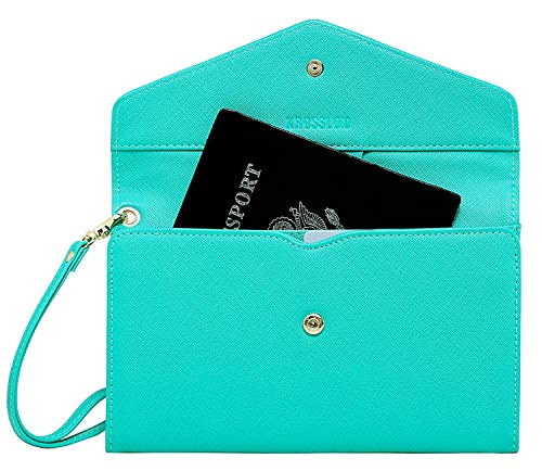 Krosslon Rfid Passport Holder Wristlet Travel Wallet Trifold Documents Organizer Slim Purse, Fit US UK CA Passport Cover Best Traveling Accessories for Women, Turquoise(213#)