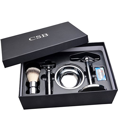 CSB Old Fashioned Shaving Set For Men Best Synthetic Hair Brush For Cream Or Soap, DE Double Edege Razor, Stand, Bolw and 10pcs Blades in Black Gift Box
