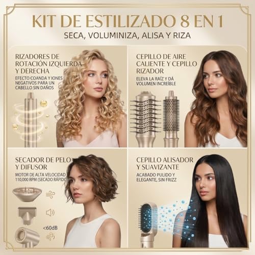 Cepillo Soplador de Pelo 8 en 1|Kit Secador de Pelo con Peine de Aire Caliente|Rizador de Pelo Desmontable Cepillo Alisador Pelo|Multifunción| Motor 110,000 RPM Coanda Iones Negativos y Difusor